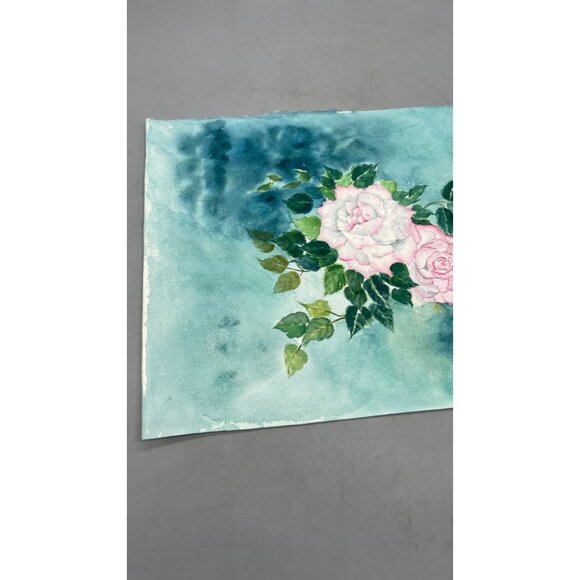 Hand-Painted Watercolor Floral Art On Paper green pink 15x11" READ - Picture 3 of 4